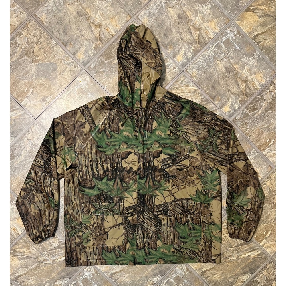 Realtree Rain Jacket Mens XL Camo Hooded PVC Hunting Fishing Coat